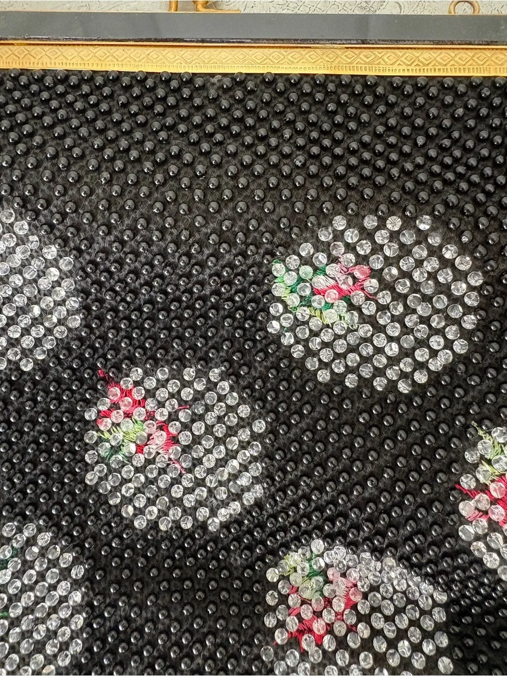Vintage Black Beaded Floral Dot Clutch with Gold Frame